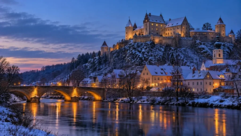 Burg Harburg innevata sopra il fiume Wörnitz lungo la Strada Romantica