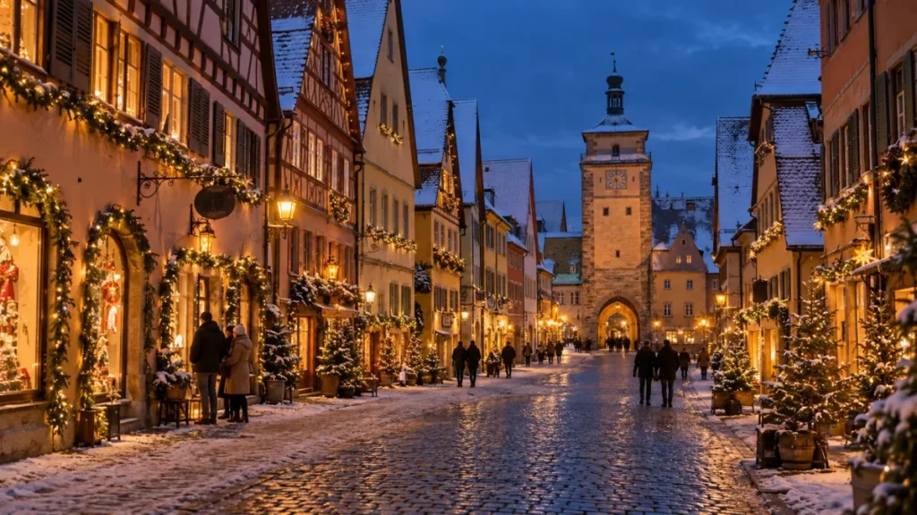 Case a graticcio illuminate per l’Avvento nel centro storico di Dinkelsbühl lungo la Strada Romantica